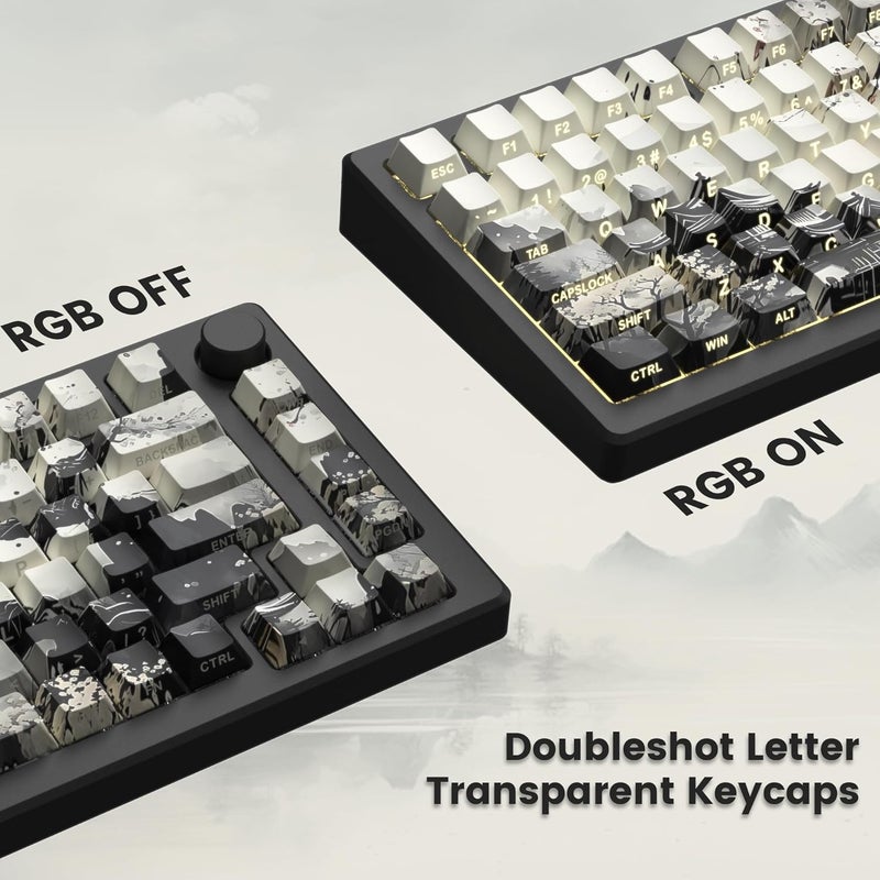 COSTOM Womier PBT Keycaps Set 130 Keys, Custom White Japanese Keyboard Doubleshot Dye Sub Side Print Shine Through Keycaps 60 65 75 100 Percent, Cherry Profile (Ink Painting) - Image 3